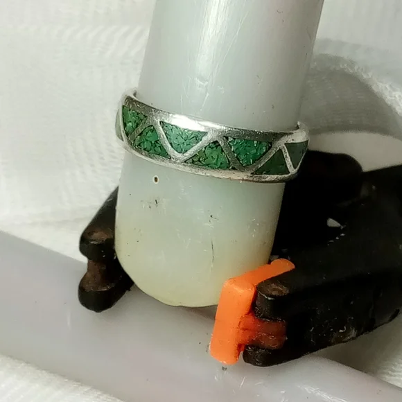 Malachite Gemstone Inlay Sterling Silver Unisex Band Sz 11 - Picture 2 of 9